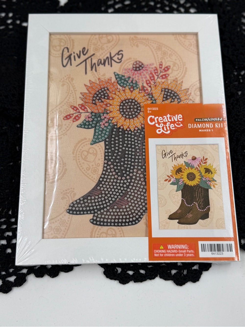 Creative Life "Give Thanks" Boot & Sunflower Diamond Art Print